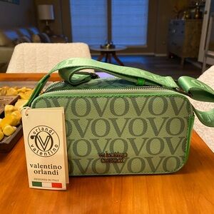 Valentino Orlandi Green Logo Print Crossbody Bag